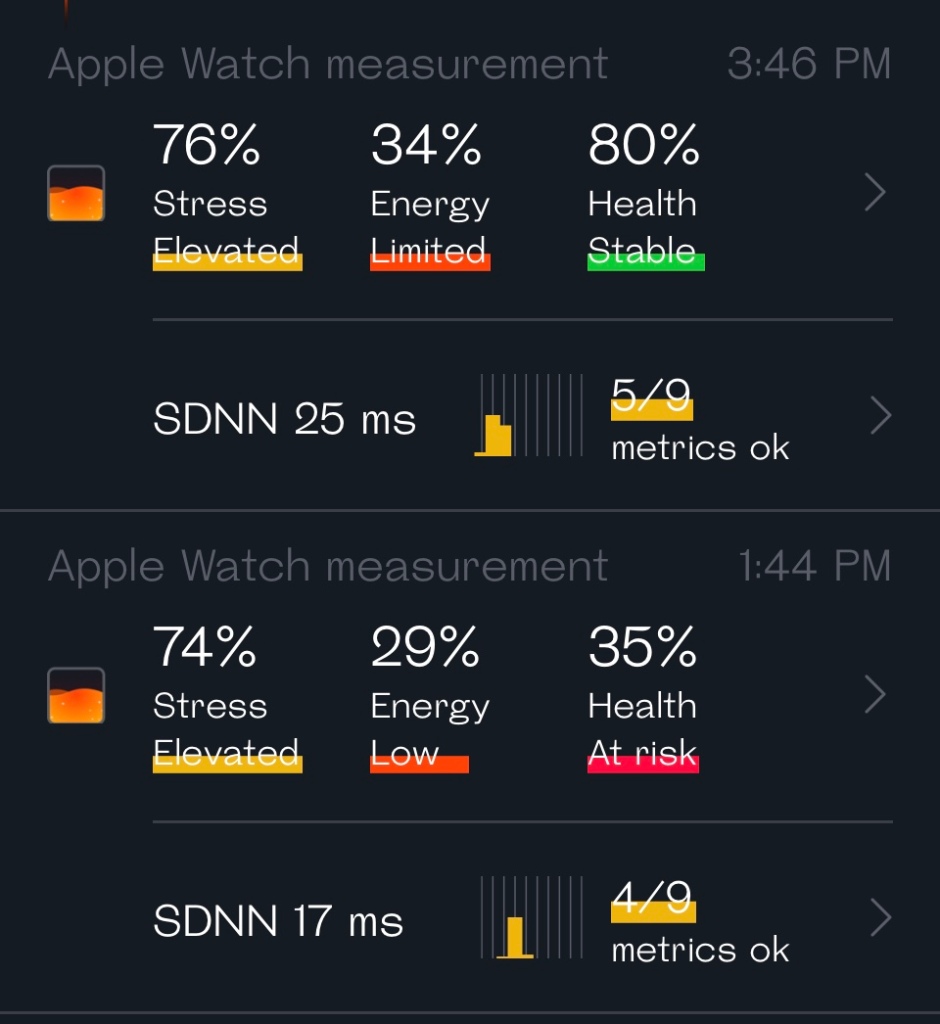 Shows a couple of the stress-level readings it did throughout the day.